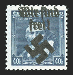 Mahrisch-Ostrau Michel 6DD, 1939 40h Dark blue overprinted Wir sind frei!, double overprint, o.g., n.h., fresh and nearly very fine signed Mahr.
