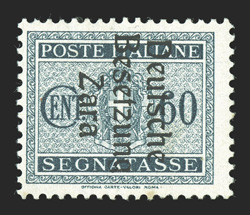 Zara Michel 1-3, 5-8, 1943 5c-20c and 30c-60c DeutscheBesetzungZara Ty. III overprints on postage dues, all but 60c sheet-margin singles, o.g., n.h., fresh and fine-very fine
the Ty. III overprint only occurs in four positions in the overpr