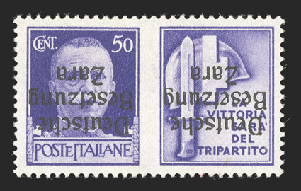 Zara Michel 20 II K, 1943 50c Violet overprinted DeutscheBesetzungZara Ty. II, overprint inverted, o.g., n.h., extremely fine and scarce only 150 stamps were issued signed
Brunel and others.