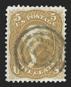 67, 5c Buff, an especially handsome used example that is exceptionally well centered and margined, with the perforations clear of the design all around (a rare occurrence on
this stamp), gorgeous rich color and an unusually strong impression, ne