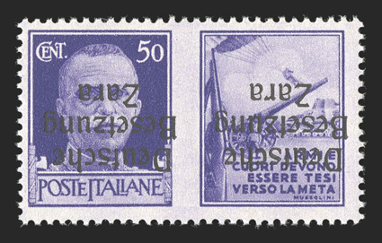 Zara Michel 20 III K, 1943 50c Violet overprinted DeutscheBesetzungZara Ty. III, overprint inverted, o.g., n.h., extremely fine and scarce only 150 stamps were issued
signed.