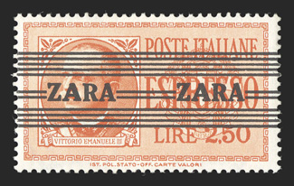 Zara Michel 38 III, 1943 2.50L Orange Special Delivery, overprinted Zara Ty. III, fresh, o.g., n.h., very fine and scarce only 100 Ty. III stamps were issued signed Sat and
accompanied by 1998 Krischke certificate.