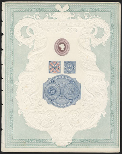 Charles Whiting composite treasury competition essay, from the 1848 Art Journal featuring embossed Paid head in purple red, two Beaufort House designs and Royal Cypher in
fancy engine-turned background, the whole page in a fancy embossed design