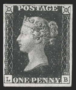 1, 1840 1p Black, Plate 5, lettered L-B, a highly desirable mint example of the worlds first postage stamp, full to large margins all around, deep color and an especially
strong impression on fresh paper, nearly full original gum, very fine and