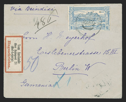 125, 1896 1D Olympic games, single tied by Kerkyra c.d.s. to small registered cover to Berlin, Germany, via Brindisi directive, German Von Auslande registry etiquette and 6
June, 1896 arrival backstamp, fresh and very fine.