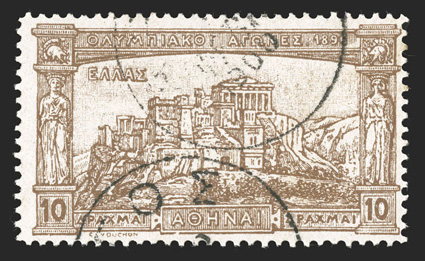 128, 1896 10D Olympic games, used with 1900 town cancels, strong color on fresh paper, very fine.