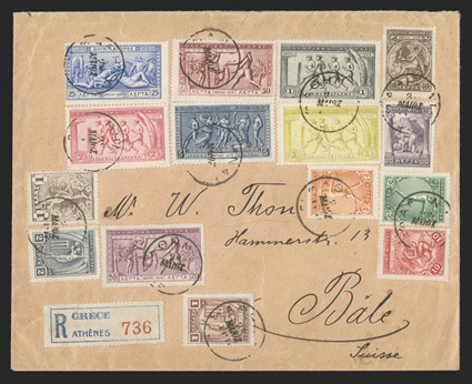 184-197, 1906 1l-5D Olympic games, the complete set of fourteen values, plus 1901 1l Yellow brown (165) all tied by separate strikes of Athens28 May, 1906 datestamps to
registered cover to Basel, Switzerland, Athens registry etiquette and Ba