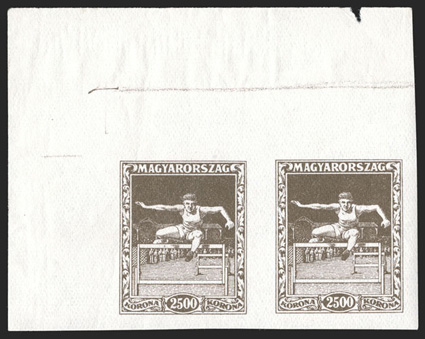 B80-87 Footnote, 1925 100k-2,500k Sports imperforate cplt., sheet-margin pairs, with huge margins on the other sides, o.g., n.h., one each 200k and 2,500k with a light crease,
otherwise extremely fine.