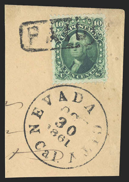 68a, 10c Dark green, uncommonly well centered copy with intensely rich color, tied to piece by complete strike of boxed Paid with matching Nevada City, Cal. c.d.s. below,
extremely fine and most impressive 2010 PF certificate.
