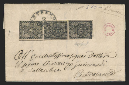 1, 1852 5c Black on yellow, vertical strip of three, ample to large margins around, strong impression, tied by Pontremoli 2 Ott c.d.s. and square crisscross on 1855 cover to
Pietrasanta (backstamp), very fine a particularly scarce usage 2006 S