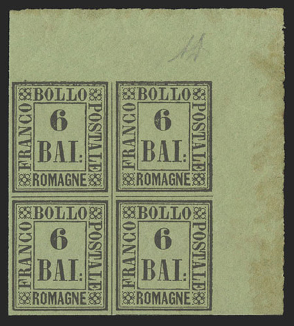 1-9, 1859 ½b-20b Definitives cplt. in a beautifully matched set of top right corner sheet-margin blocks of four, strong fresh paper colors, all with full original gum (a few
with slight gum toning as usual), large margins, 5b with trivial thin i
