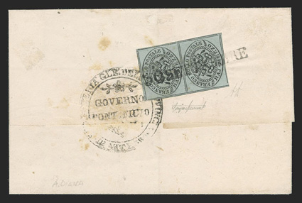 1a, 1852 ½b Black on gray blue, horizontal pair with four margins including outer dividing lines nearly all around tied by Settembre 30 straight line cancel on folded cover
from Viterbo to San Michele, with light Viterbo straight line handstam