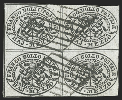 1c, 1852 ½b Black on gray, used block of four, full dividing line at left, partial dividing lines on the other three sides, light diamond grid cancels, a fine and scarce block
1983 E. Diena certificate (Sassone 1).