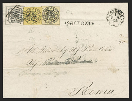 5, 5a, 9, 1852 4b Black on lemon, 4b Black on yellow and 8b black, tied by grid cancels with matching Acquapendente 1864 c.d.s. on folded cover to Rome, straight line
ASSICURATA handstamp, small portion of the address has been eradicated, fine