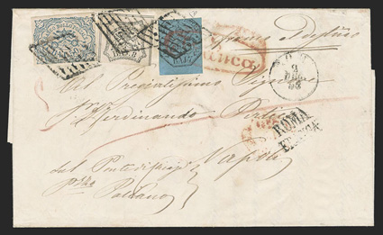 10, 1852 50b Dull blue, along with 7b Black on blue and 8b Black (8, 9) tied by diamond grid cancels on 1858 folded letter to Naples, red oval handstamp also tied the 7b
stamp, light Rome c.d.s. and arrival backstamp in red, fine the 50b value