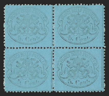Sassone 25c, 1868 5c Sky blue, mint block of four, fresh color, full original gum, very fine 2004 Colla certificate cataloged as four singles (Scott 21
var.).