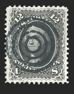69, 12c Black, excellent centering within large margins, rich color, centrally struck blue target cancel, extremely fine and choice 2008 PF certificate.