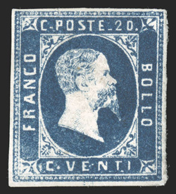 2, 1851 20c Blue, a rarely seen unused example, with ample to full margins all around, deep color and impression, small part o.g., h.r. and album adhesion on the back, very
fine although it possesses small part original gum, we have conservativ