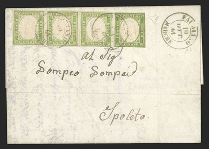10b, 1855 5c Olive green, horizontal strip of four with large margins around except close on the right stamp, bright color, tied by Fabriano 10 Ott 1861 c.d.s. postmarks on
folded letter to Spoleto, pre-usage crease between middle stamps, part o