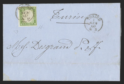 10c, 1855 Bright yellow green, single with four large margins tied by Torino 1 Gen 1860 c.d.s. on local folded letter, stamp with bright fresh color, very fine an elusive
shade on a scarce single franking cover signed A. Diena and accompanied