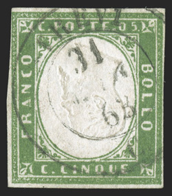 10f, 1862 5c Green, Head Inverted, used, ample to full margins all around except just touching at top left, exceptionally bright and fresh, light c.d.s cancel, sound and
nearly very fine signed Emilio Diena and accompanied by 1988 Enzo Diena an