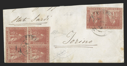 12, 1857 1cr Carmine, horizontal pair and block of four cancelled by 1859 Torino c.d.s. postmarks (pair tied) on large part of cover (reduced at top), pair with three large
margins, block with three full to large margins and close at right, fres