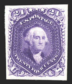 70P4, 1861 24c Red lilac, plate proof on card, brilliant color, large margins, a very fine example of this key to the series.