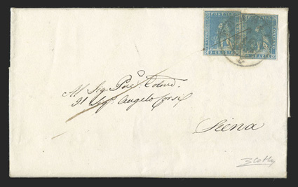 13, 1857 2cr Blue, two singles, each with four full margins, tied by Torrita 9 Giu 1858 c.d.s. and single pen stroke on folded letter to Siena (backstamp), very fine a scarce
double rate usage 2010 Colla certificate (Sassone 13).