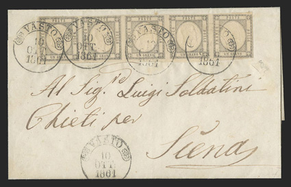 21b, 1861 Silver gray, horizontal strip of five with full to large margins all around (a little close at right), tied by Vasto 10 Ott 1861 c.d.s. postmarks on folded cover to
Siena (backstamps), strip with fresh color in this distinctive shade,