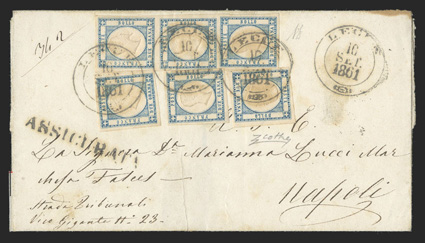 22, 1861 2g Blue, six stamps (vertical strip of three and three singles) tied by Lecce 10 Set 1861 c.d.s. postmarks on folded cover to Naples (backstamp), Assicurata
handstamp, some light toning from cancellation oil, cover with sealed tear at