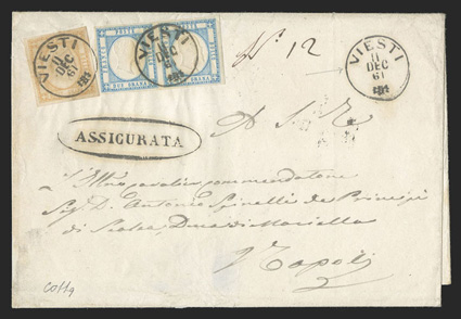 22d, 25b, 1861 2g Sky blue and 10g Bister, horizontal pair of 2g, single of 10g, all with large margins, tied by Viesti 11 Dec 61 c.d.s. postmarks on folded cover to Naples
(backstamped), oval Assicurata handstamp, very fine the Viesta c.d.s.