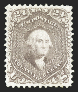 70, 24c Red lilac, a rare premium quality mint example, being exceptionally well centered, attractive color, full o.g., relatively light hinged, extremely fine a particularly
challenging stamp to find both this well centered and with full origi