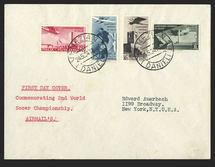 324-328, C62-65, 1934 20c-10L+5L 2nd World soccer championship, complete sets of regular and air mail issues on separate covers, the stamps tied to each by two strikes of
Venezia N2Danieli24.5.34 first day of issue postmarks to the same
