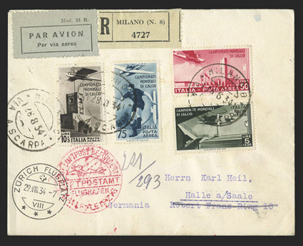 C62-65, 1934 50c-10L+5L 2nd World soccer championship, complete set tied to registered air mail cover to Halle aSaale, Germany by three strikes of Milano, via a Scarpa28.8.34
datestamps, Zurich transit postmark, red Leipzig air mail cachet a