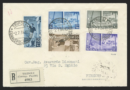 46-50, 1934 10c-10L 2nd World soccer championship, complete set tied by three strikes of TripoliCorrispze Pacchi(R)2.7.34 postmarks to registered cover to Florence, Tripoli
registry etiquette and Rome and Florence backstamps, fresh and extre
