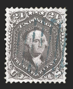 70, 24c Red lilac, an outstanding used example of this notoriously difficult stamp, possessing remarkable centering amid larger margins than typically found, sumptuously rich
color and a deeply etched impression, light blue grid cancel, an extre