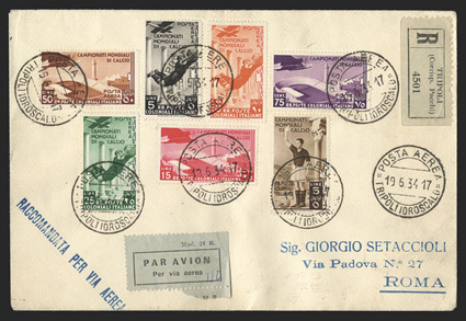 C29-35, 1934 50c-50L 2nd World soccer championship, two covers, one a registered air mail cover franked by the 50L value and tied by clear Posta AereaTripoli Idroscalo6.7.34
postmark to Rome with arrival backstamp, the second also a register
