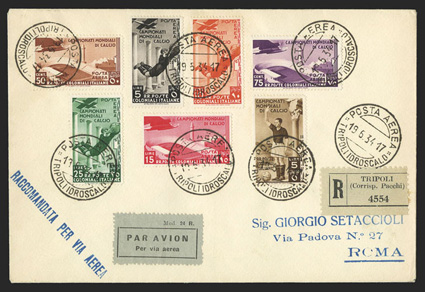 C29-35, 1934 50c-50L 2nd World soccer championship, two covers, one a registered air mail cover franked by the 50L value and tied by clear Posta AereaTripoli Idroscalo6.7.34
postmark to Rome with arrival backstamp, the second also a register