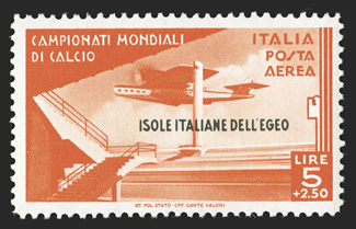31-35, 1934 20c-5L+2.50L 2nd World soccer championship cplt., o.g., n.h., except key 50c value l.h. and with two stained spots, otherwise very fine.