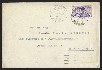 33, 1934 50c 2nd World soccer championship, single tied by well struck Rodi, Egeo25.7.34 datestamp to commercial cover to Milan, Nostra Rivoluzione Fascist slogan arrival
backstamp, stamp with a single foxed, perf., very fine.
