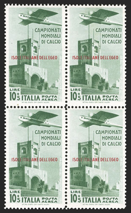 C28-31, 1934 2nd World soccer championship cplt., mint blocks of four, o.g., two stamp each l.h. and n.h., very fine set.