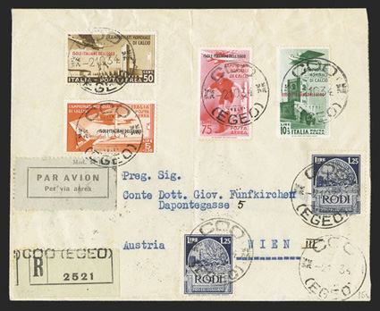 C28-31, 1934 2nd World soccer championship complete set tied along with two Rhodes 1.25L Dark blue (21) on front and 25c Green (18) on reverse of registered air mail cover to
Vienna, Austria by Coo, Egeo2.10.34 postmarks, Coo registry etiqu