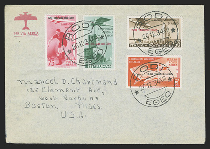 C28-31, 1934 2nd World soccer championship complete set tied by three clear strikes of Rodi, Egeo26.12.34 datestamps to air mail cover to Boston, Mass., fresh and extremely
fine.