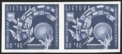 B43-46, B52-54, 1938-39 5c+5c-60c+15c National Olympiad and 15c+10c-60c+40c Basketball championship cplt., mint blocks of four of both sets and imperforate horizontal pairs of
the second set, o.g., n.h., one B45 with natural gum irregularity, v