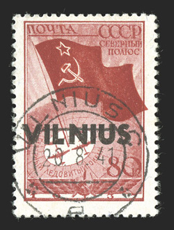 Wilna Michel 17 I, 1941 80k Carmine overprinted Vilnius, distance between L and N .95mm instead of .45mm, used with clear double circle Vilnius20.8.41 datestamp, very fine and
scarce signed Mikulski twice.