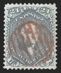 70b, 24c Steel blue, handsome used example, featuring rich unmistakable color on fresh white paper, particularly well centered within generous margins for this tightly spaced
issue, neatly struck red grid cancel, extremely fine 1987 PF cert