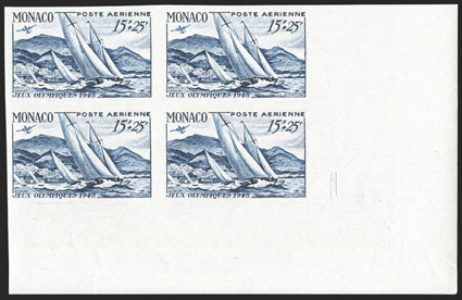 204-208, CB7-10, 1948 50c-15Fr.+25Fr. Olympic games imperforate cplt., matched set of bottom right corner-margin blocks of four, o.g., n.h., extremely fine (Yvert 319-23,
PA32-35).