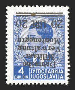 Michel 9 K, 1943 20L Surcharge on 4d Ultramarine, inverted surcharge, o.g., n.h., natural paper inclusion at top center, otherwise very fine and scarce only 100 stamps were
issued signed Schlenger and Krischke twice.