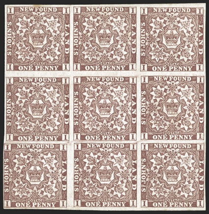 1, 1p Brown violet, mint block of nine, large margins mostly all around, fresh color, full o.g., a couple small h.r.s, very fine an impressive and handsome multiple cataloged
simply as single stamps (Unitrade C$1,350.00+).