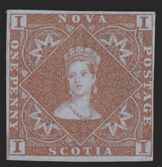 1, 1p Red brown, rare mint single, with ample to large margins all around, especially fresh, with rich bright color and a well defined impression, large part original gum,
very faint and barely perceptible vertical crease at the far right, other